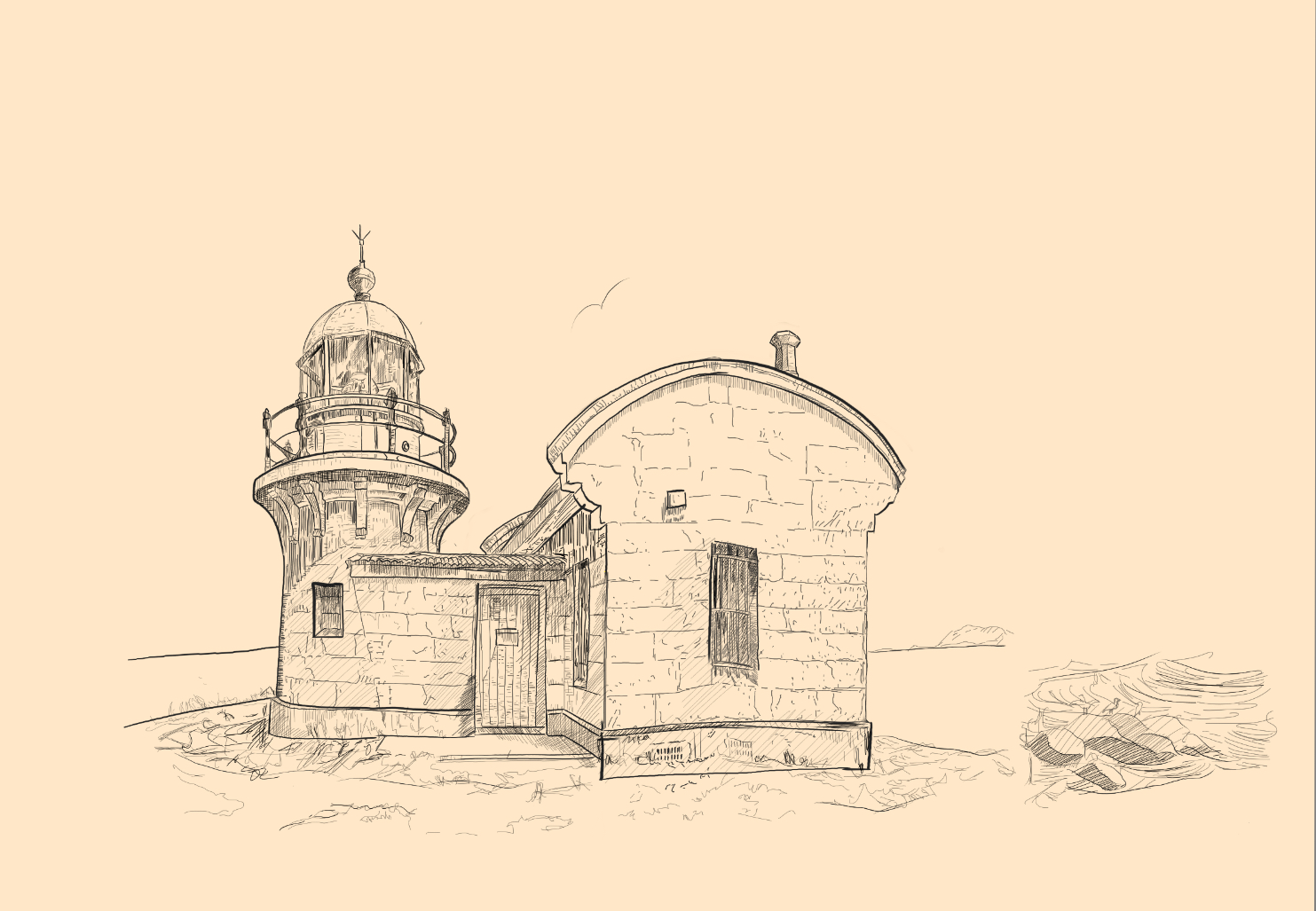 Lighthouse and keeper's cottage, line drawing