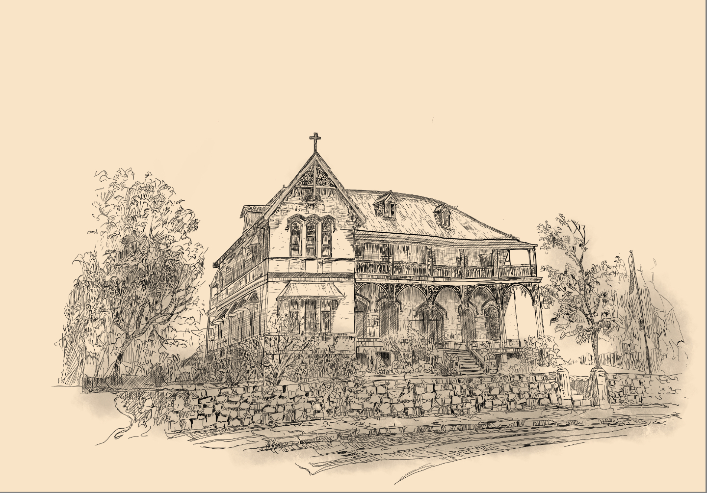 Gothic revival house behind a stone wall, line drawing