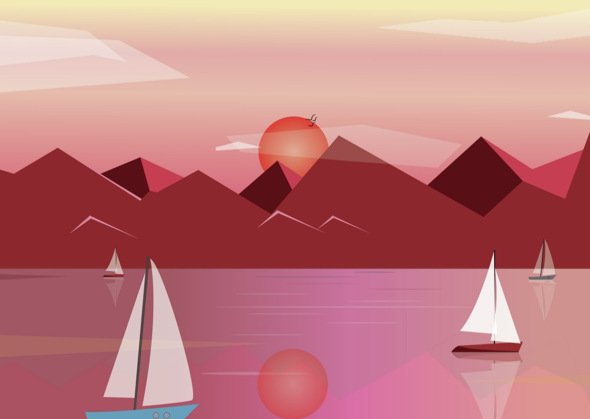Sailboats at sunset, flat vector